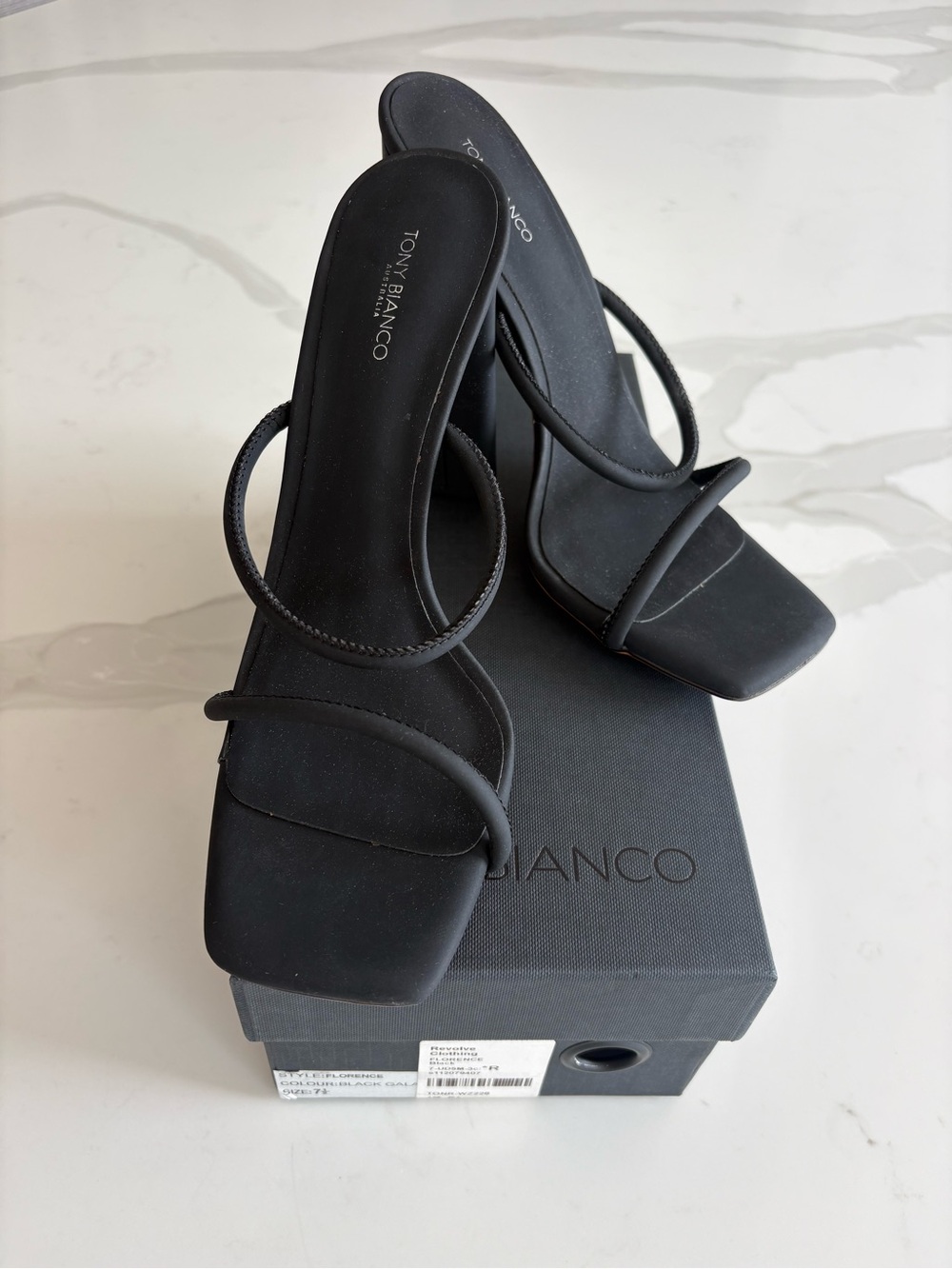 Tony Bianco Florence Women's Black Galaxy Strappy Square-Toe Heeled Sandals
